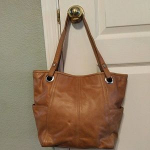 Fossil Camel Brown Pebbled Leather/Canvas Shoulder Tote Bag Hobo w/ Side Pockets